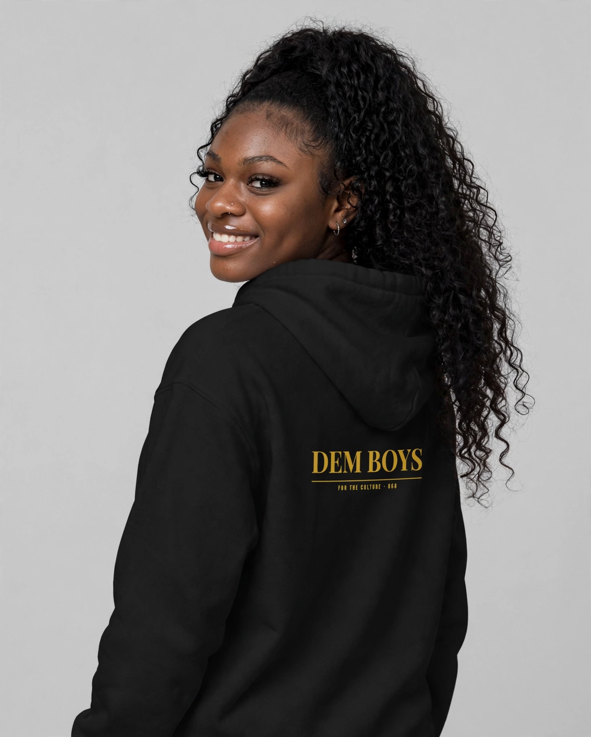 PA wearing the DEM BOYS Hoodie – Playfair (Black), back view