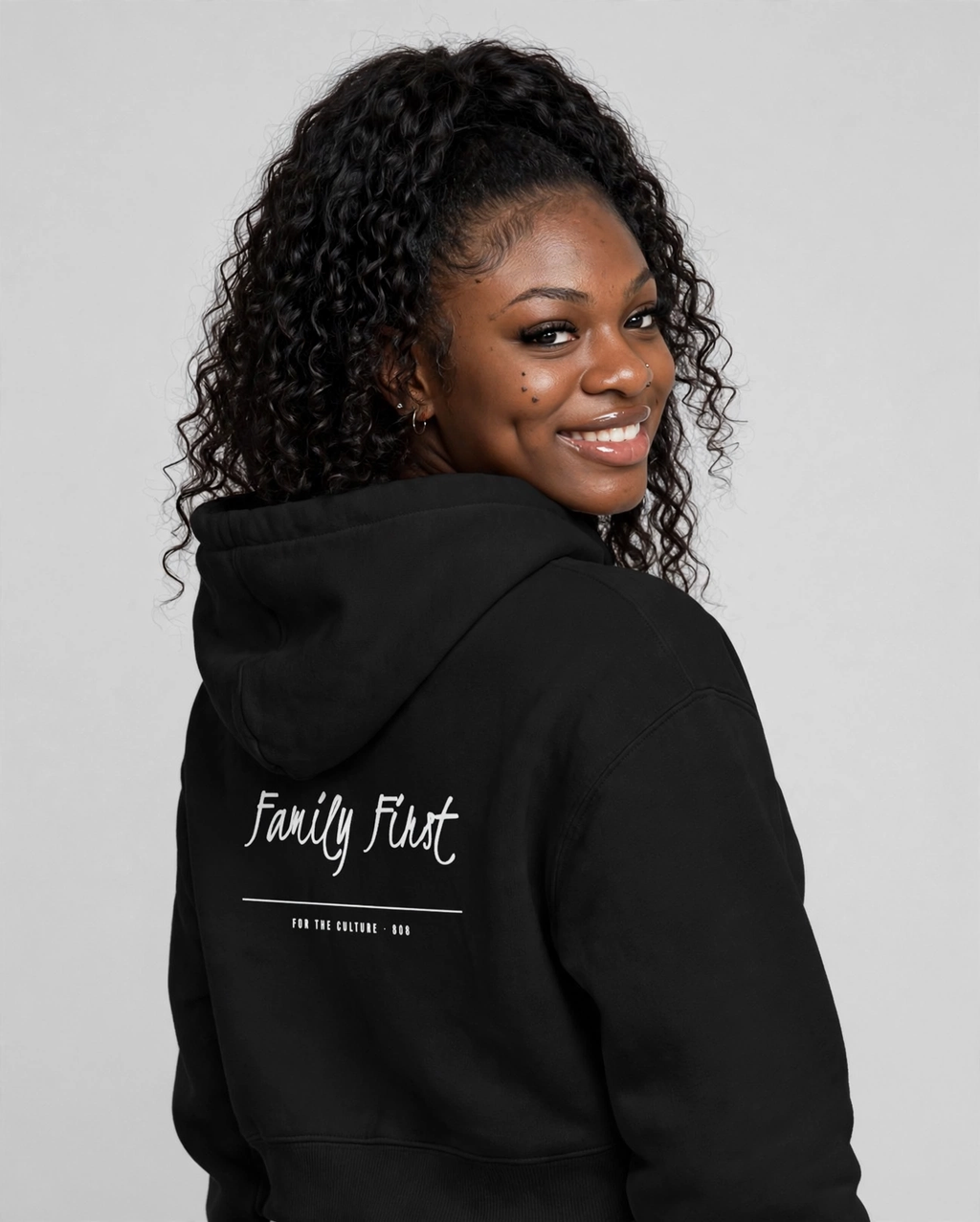 PA wearing the Family First Hoodie – Kristi (Black), back view