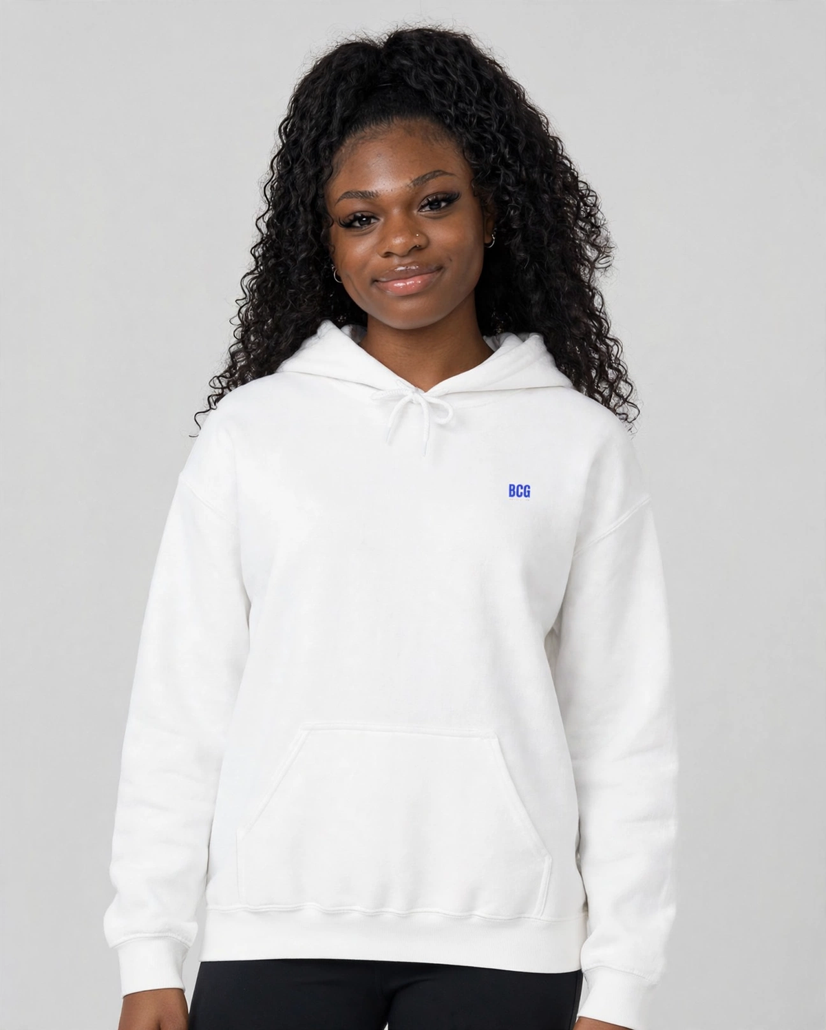 PA wearing the Grateful Hoodie – Style Script (White), front view