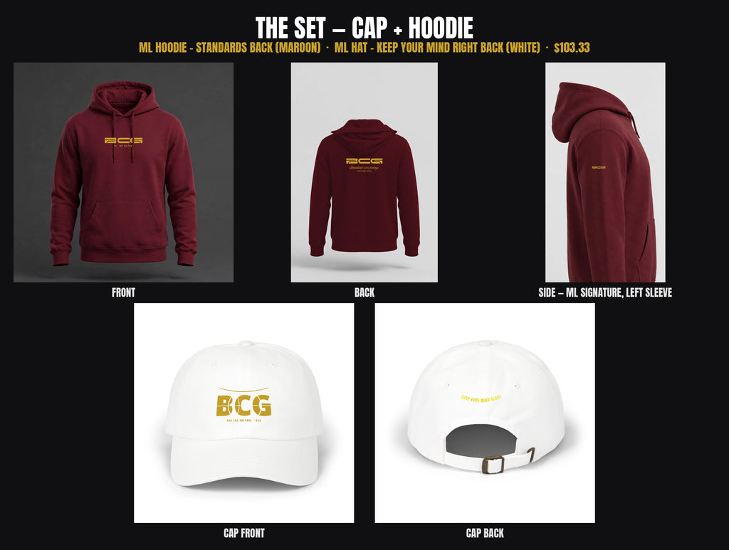 The Set - BootCamp Gear cap and hoodie set, white cap with gold letters and maroon Standards hoodie